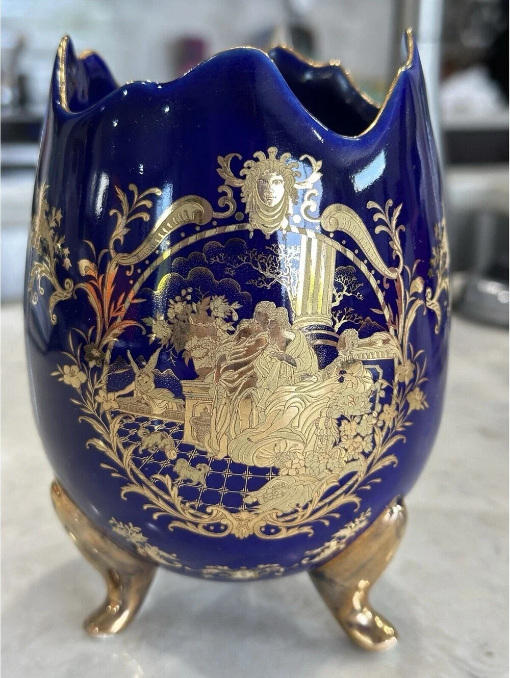 Vintage Limoges French Cobalt Blue Footed Egg Vase With 18k Or 22k Gold Accent